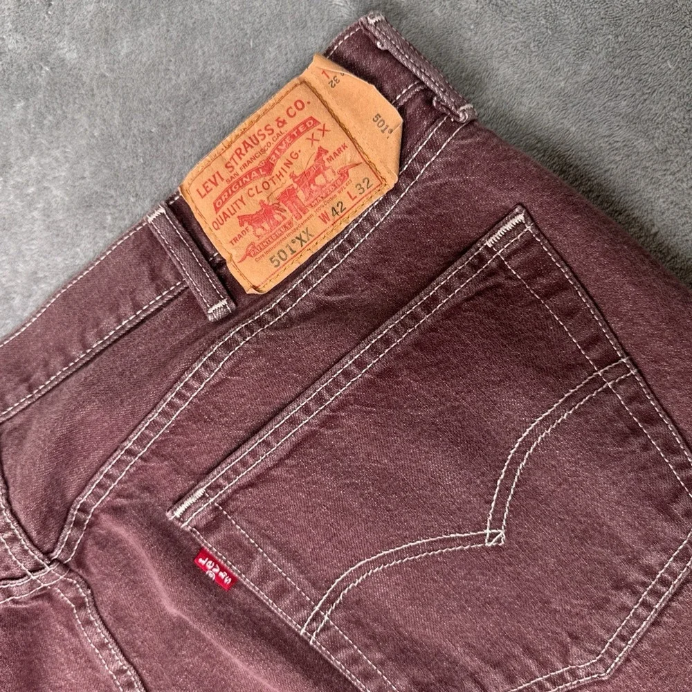 Vintage Levis 501 XX Jeans Mens 42x32 (Fits 40x29) )Burgundy Button Fly Straight - Picture 5 of 11